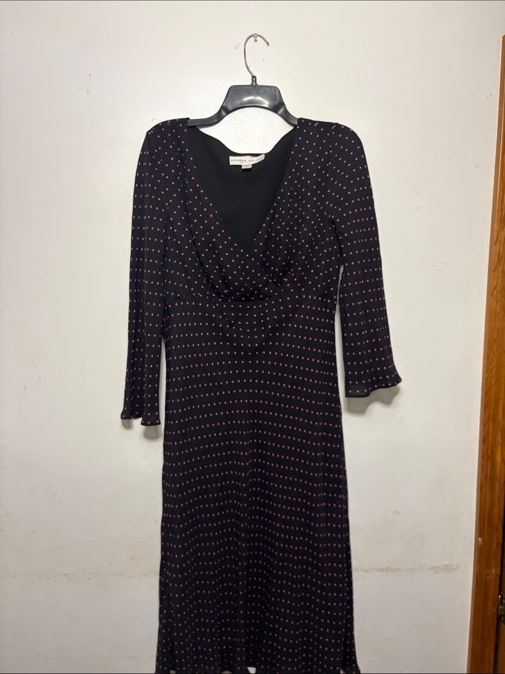 Donna Ricco Black Long Sleeve Midi Dress with Pink Dot Print